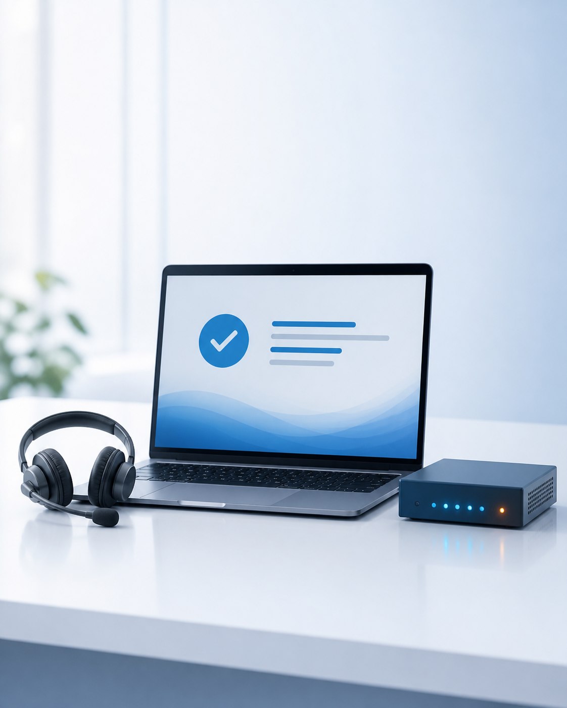 Laptop, support headset and network device representing seamless GIS360 IT support